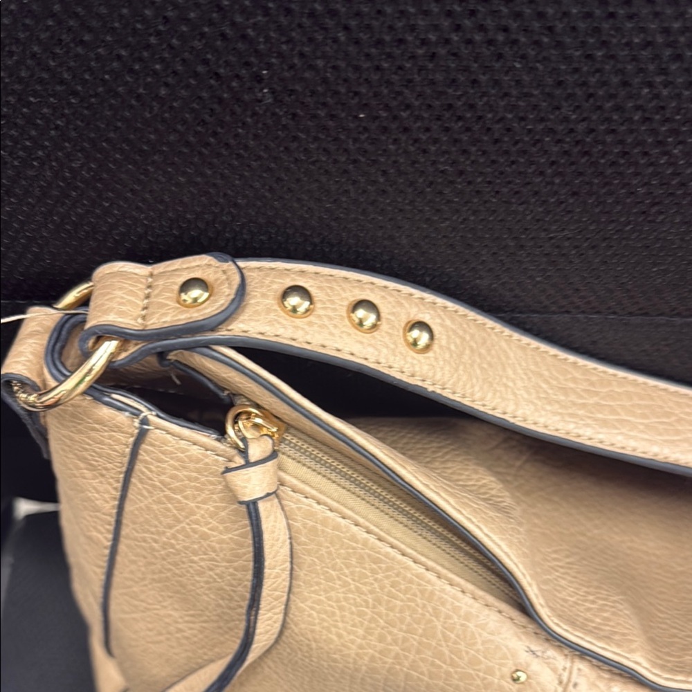 Montana West Studded Tan Leather Zippered Shoulder Bag